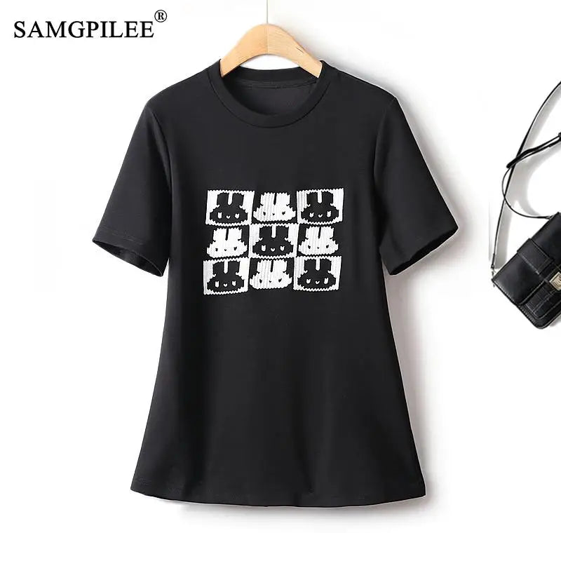 Oversized T-shirt Cartoon Sequins College Air Cotton Short Sleeve Woman Clothing Spring Summer Thin Sweet Top Women 4XL