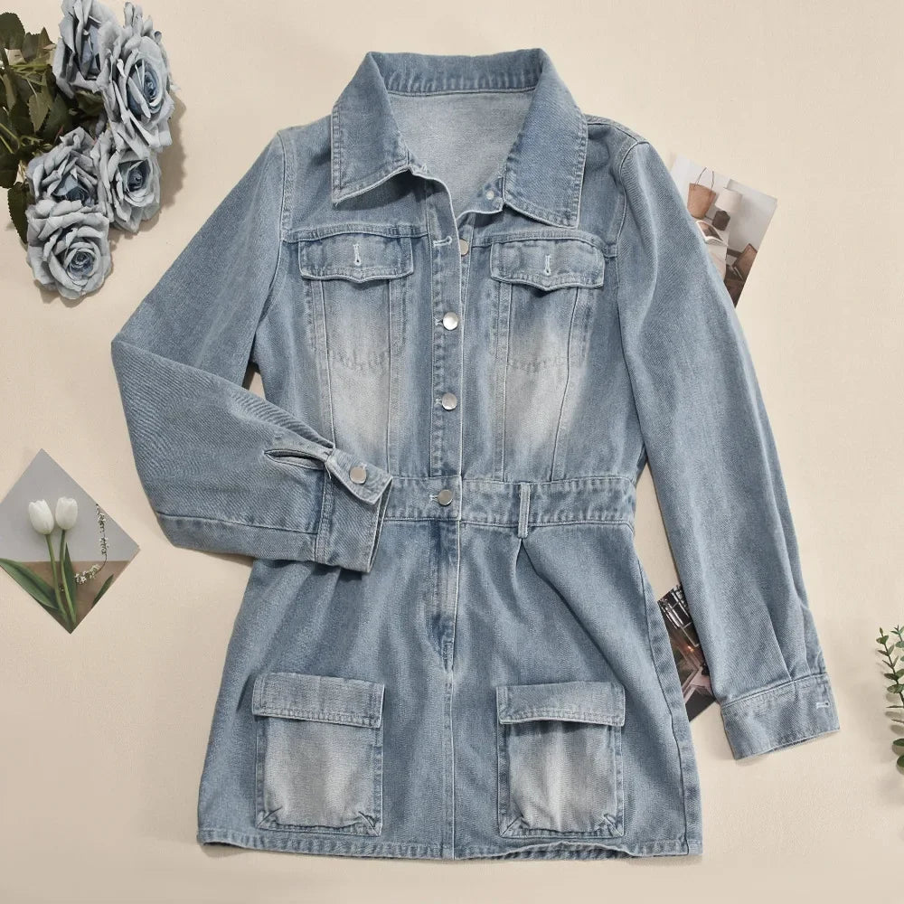 Full Sleeve Single Breasted Turn-down Collar Denim Midi Dress