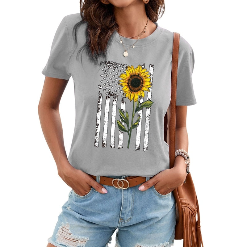 T-shirt Sunflower Print Garden Collar Short Sleeve Top - peterkaczconnect