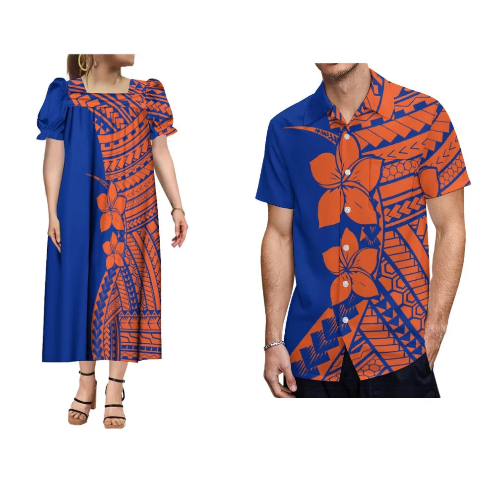 Women's Long Skirt Men's Shirt Summer Short Sleeve Polynesian