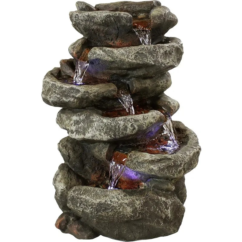 Stone Falls 15-Inch 6-Tier Tabletop Water Fountain with LED Lights