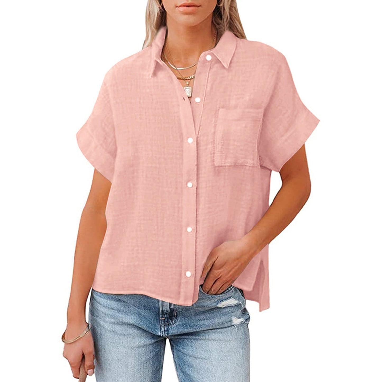 Pocket Solid Color Short Sleeve Blouses Button Down