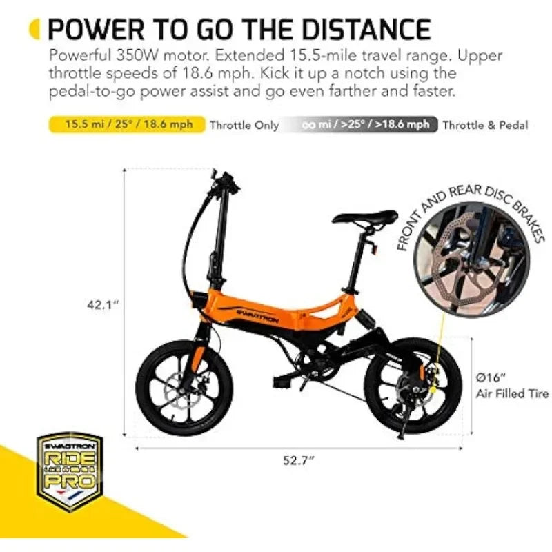 Folding Electric Bike with Removable Battery, Orange/Black, 16" Wheels, 7-Speed