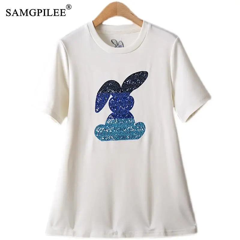 Heavy  Cotton Elastic Cartoon Figure Round Neck Short Sleeve Summer T Shirt For Women 4XL