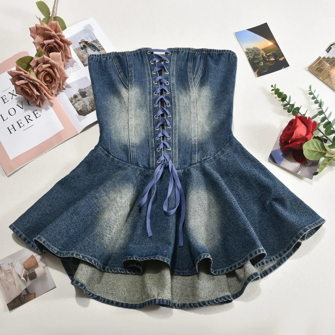 Sexy Denim Ruffle Dress Elegant  Mini Dress