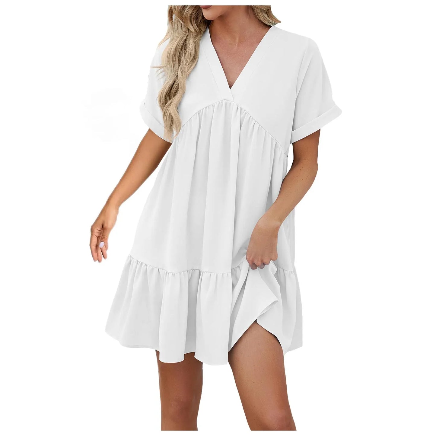 V Neck A-Line Casual Loose Pleated Mini Beach Dress