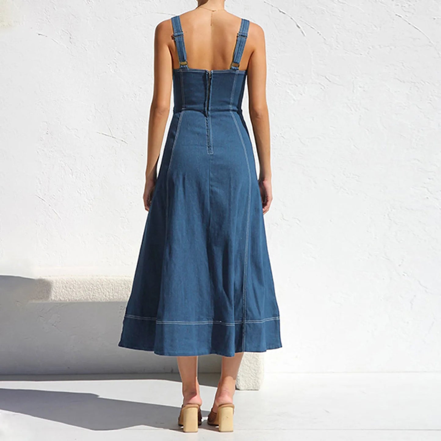 Long Denim Dress  Suspender Casual Button