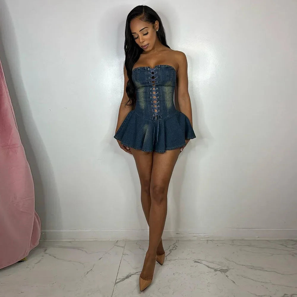 Sexy Denim Ruffle Dress Elegant  Mini Dress