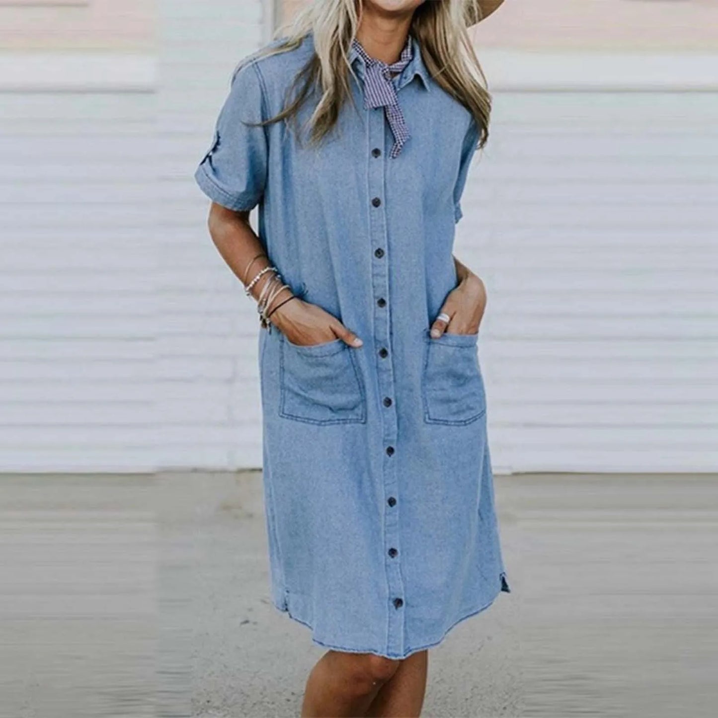 Lady's lapel short sleeve denim midi shirt