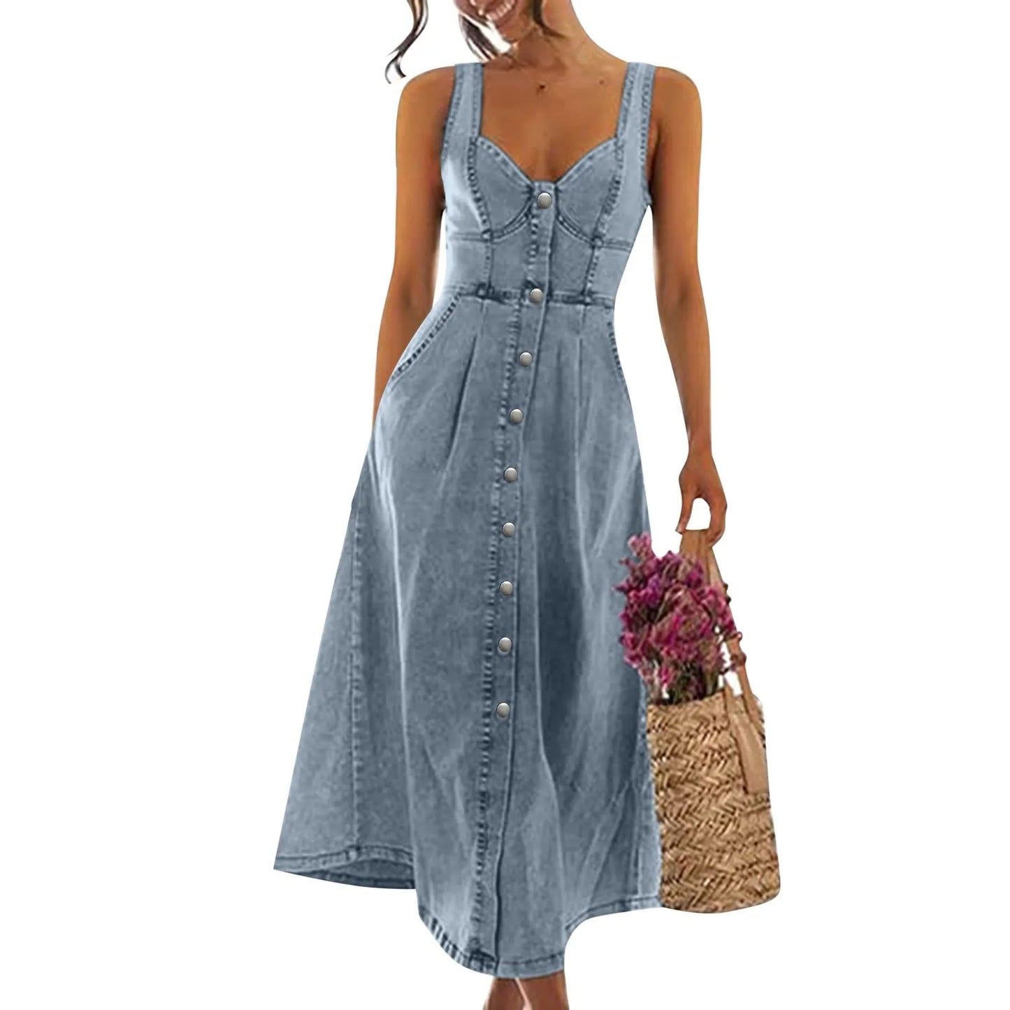 Women'S Denim Sleeveless Button Fit Midi Dress