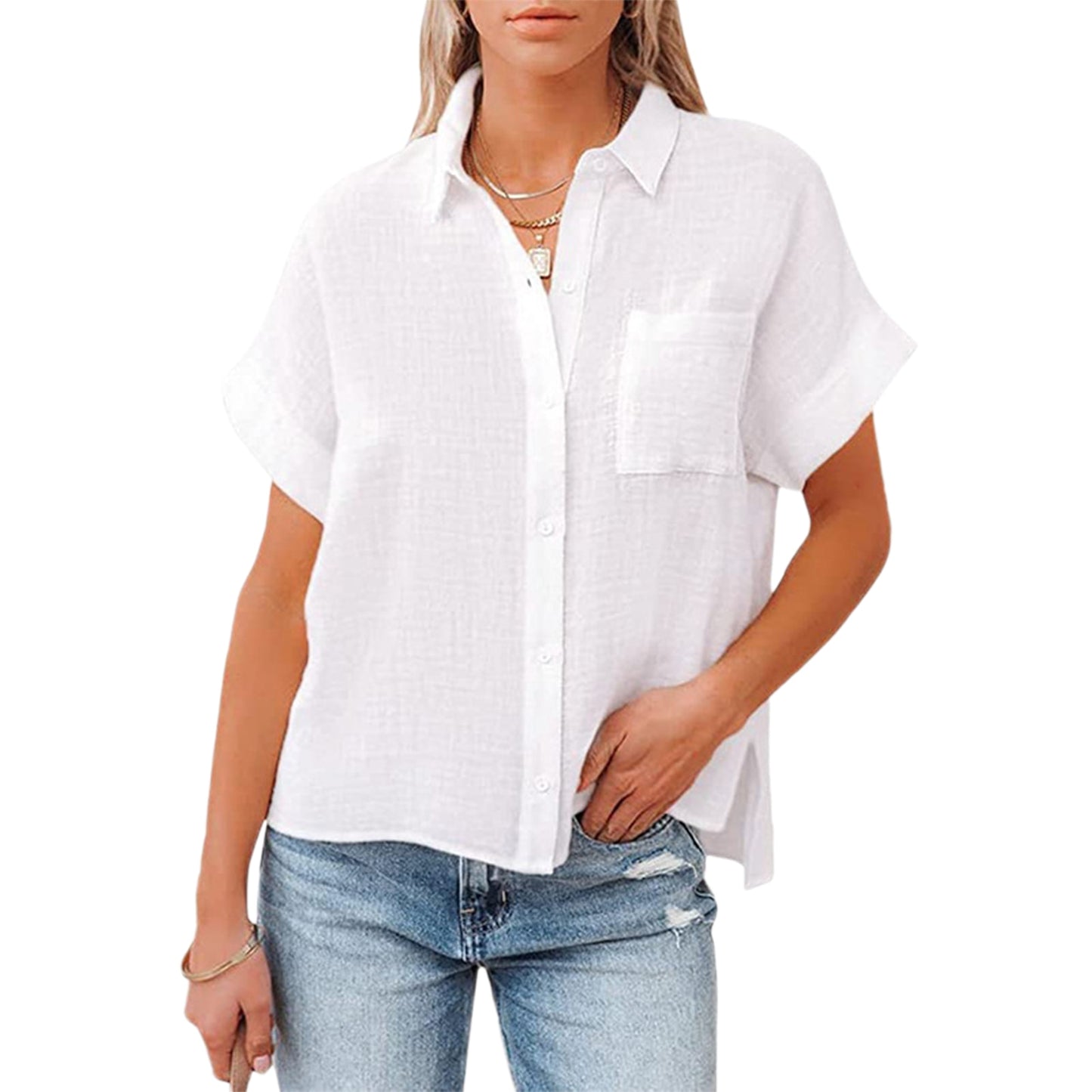 Pocket Solid Color Short Sleeve Blouses Button Down