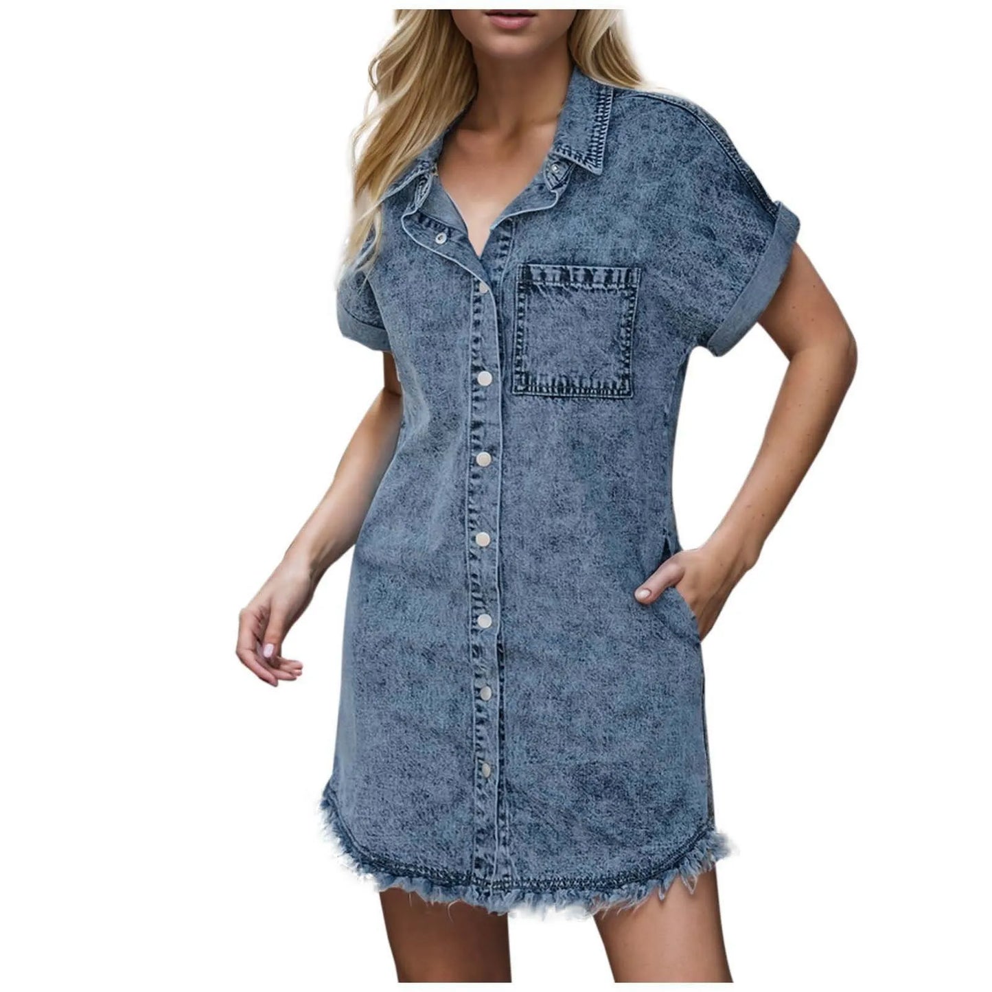 Denim Shirt Dress Casual Loose Fit Short Sleeve Cardigan Button Down Jean Dress