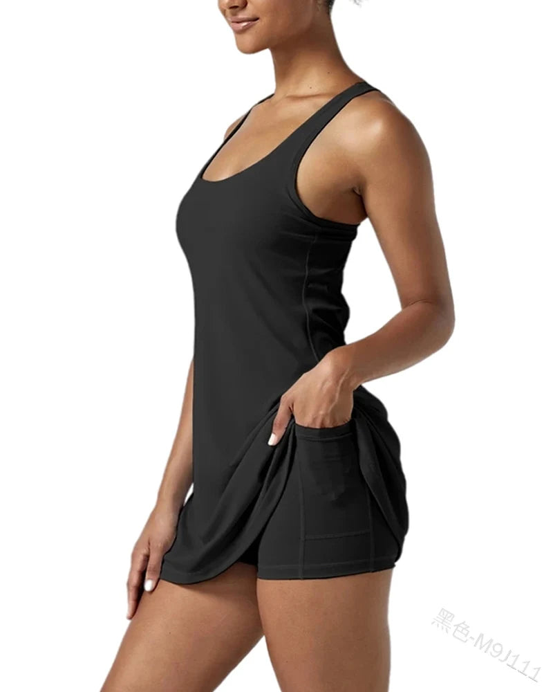 Womens 2-in-1 Exercise Mini Dresses With Built-in Shorts