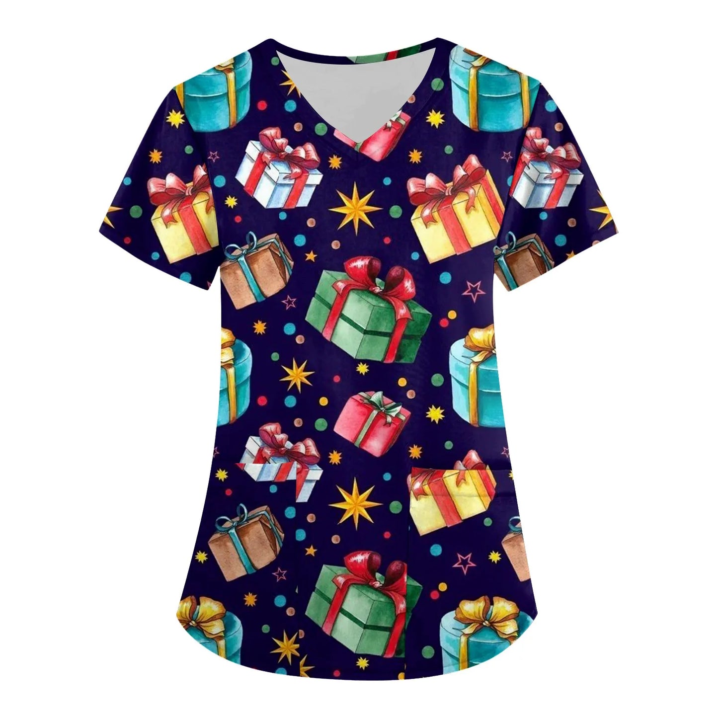 Christmas V-neck Pocket Nursing Scrubs T-shirt