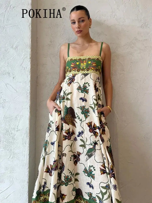 Holiday Vintage Birds Printed Long Dresses