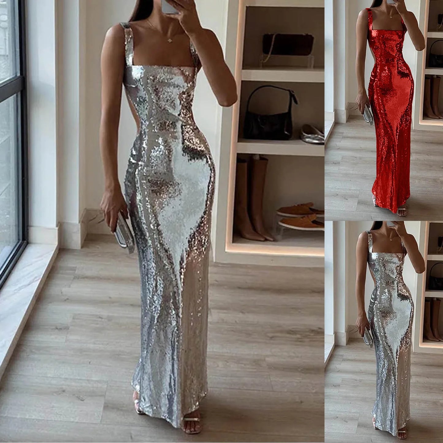 Formal Dresses For Evening Party Sexy Sequin Maxi Dress Square Neck Back Sleeveless