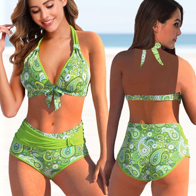 High Waist Bikini Set Female Rainbow Print (Small-Extra large)