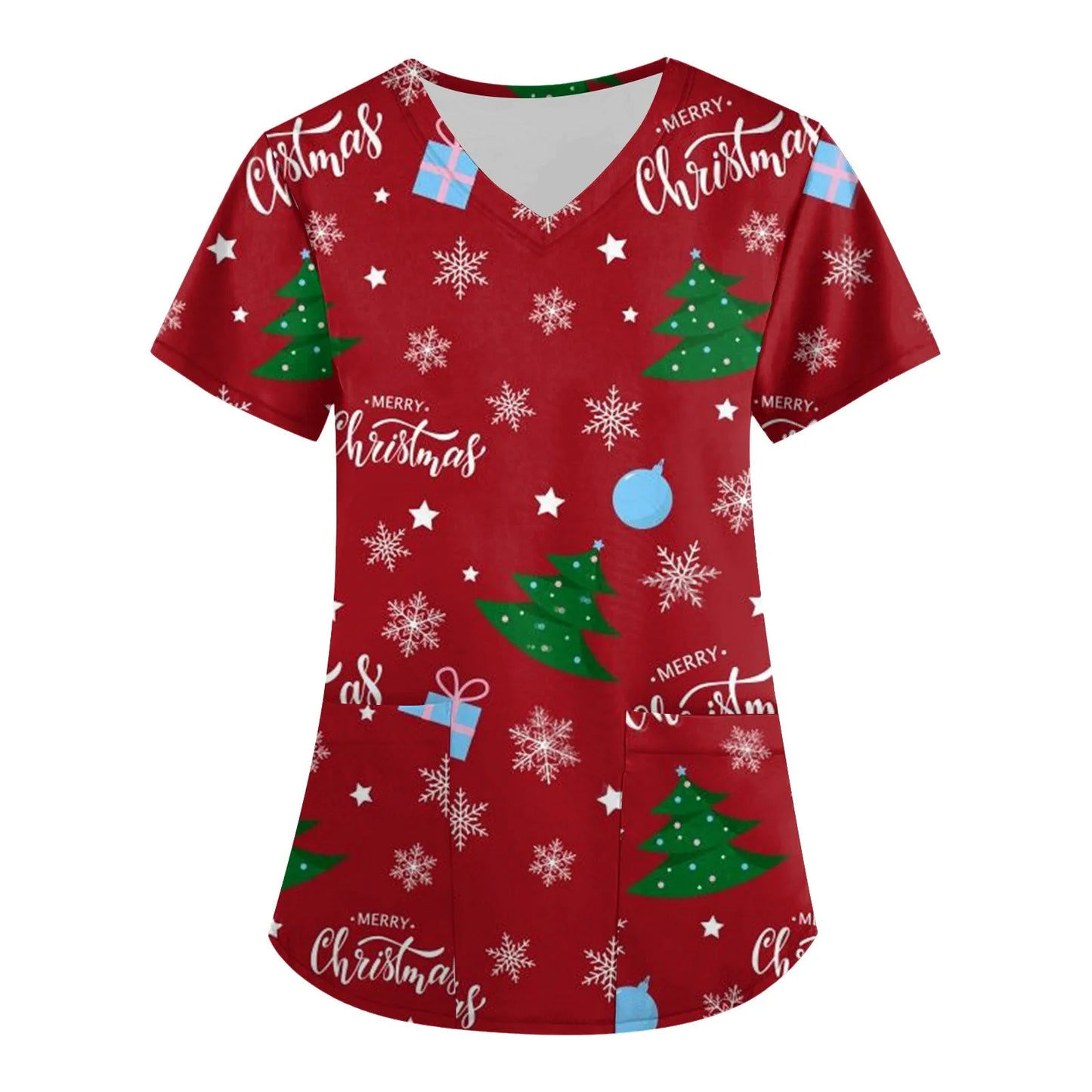 Christmas V-neck Pocket Nursing Scrubs T-shirt