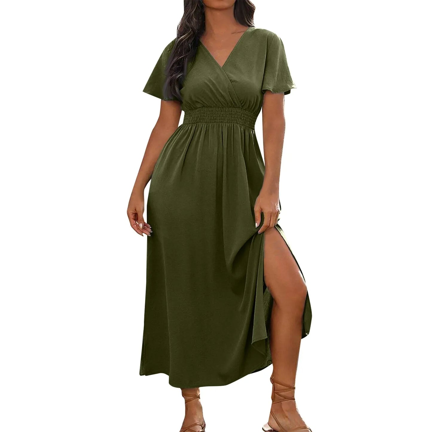 Summer Dress Fashion Waist Maxi Dress Sexy V Neck Side Slit