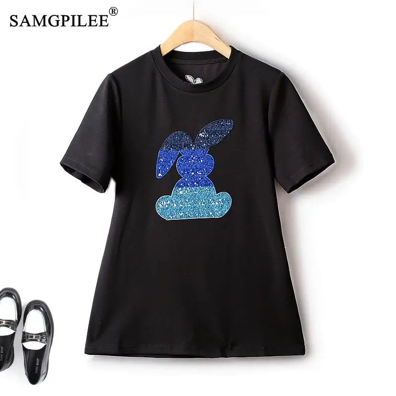 Heavy  Cotton Elastic Cartoon Figure Round Neck Short Sleeve Summer T Shirt For Women 4XL