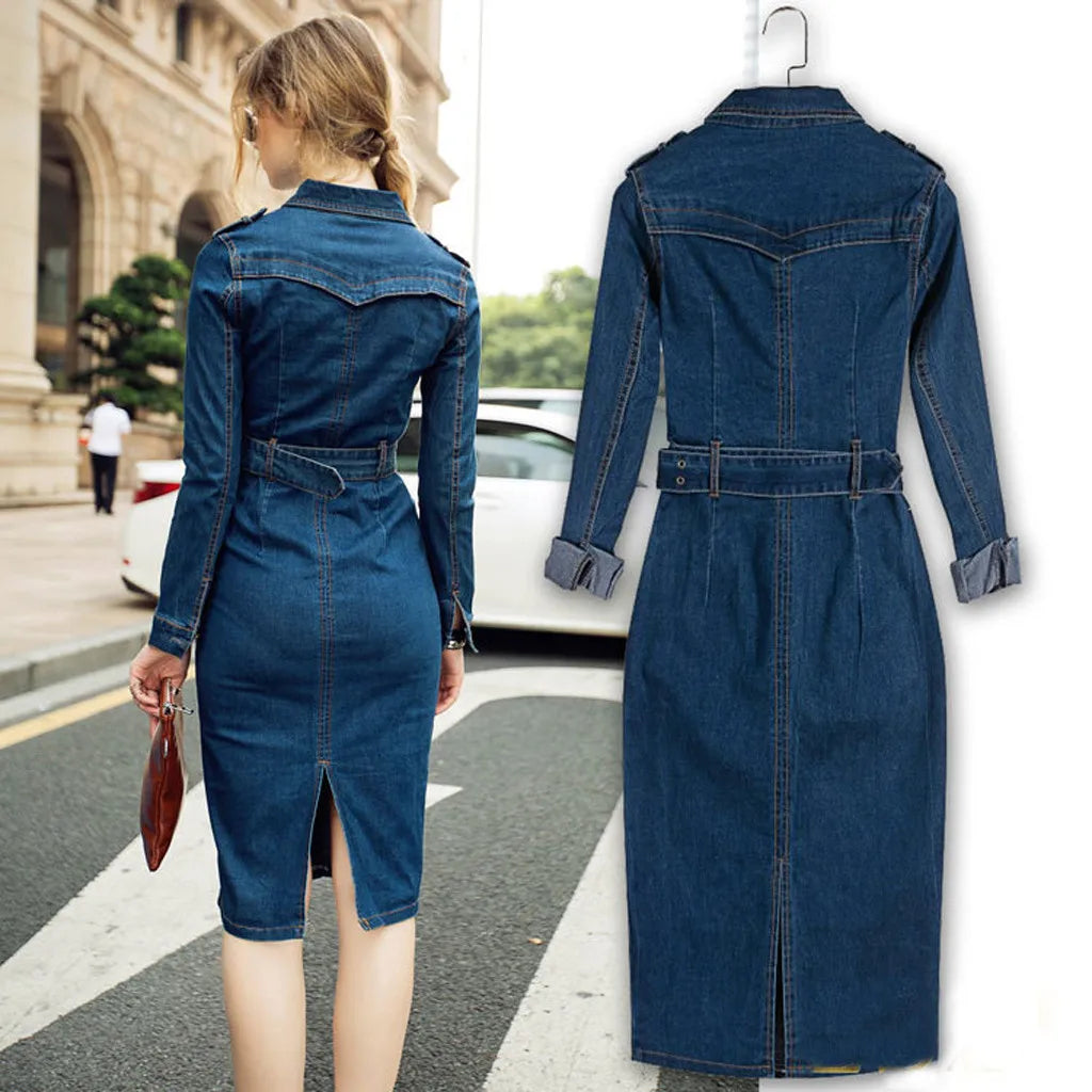 Summer Long Sleeve Denim Dress Mid-Cuff