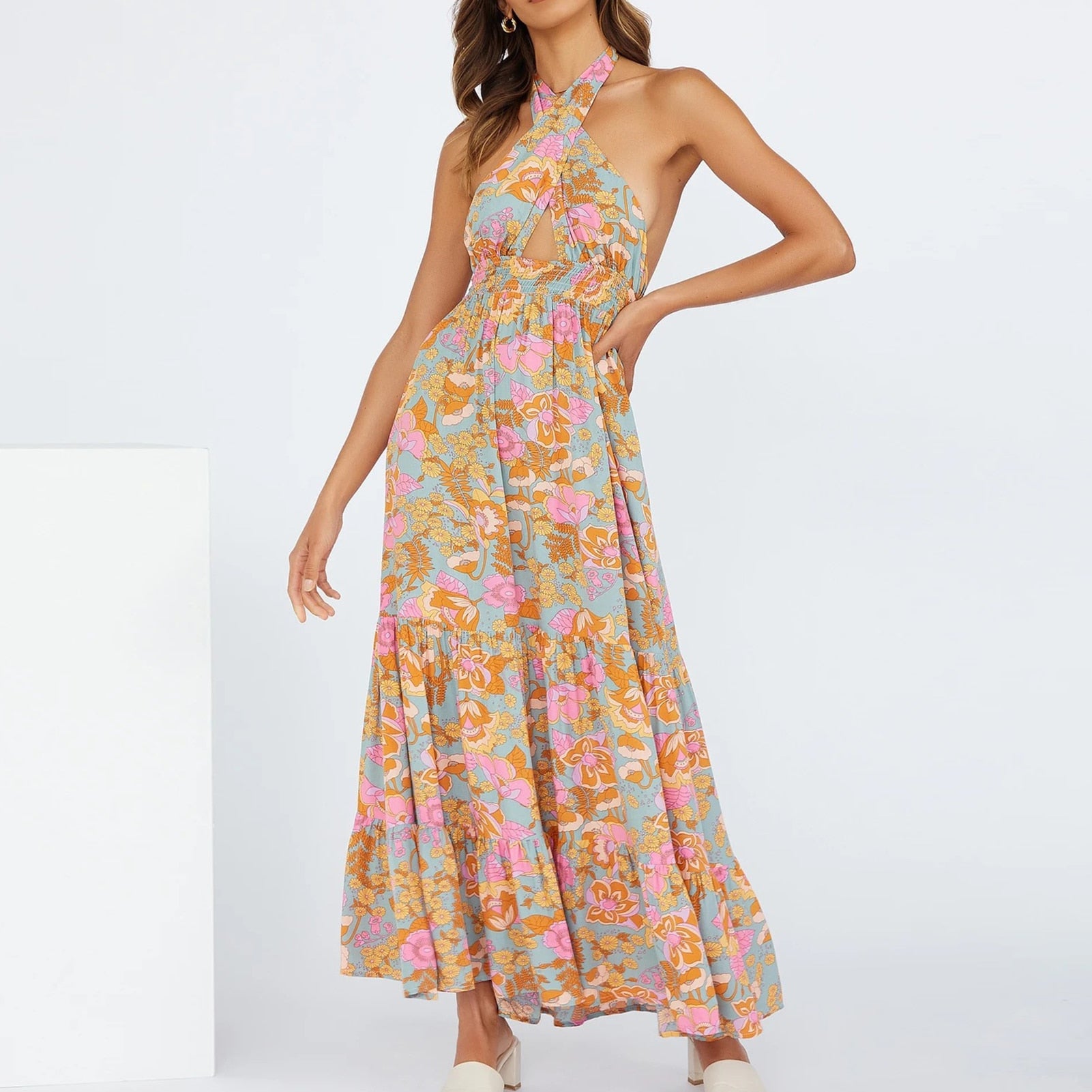 Floral Print Beach Dress Halter Neck Elegant Dress - peterkaczconnect