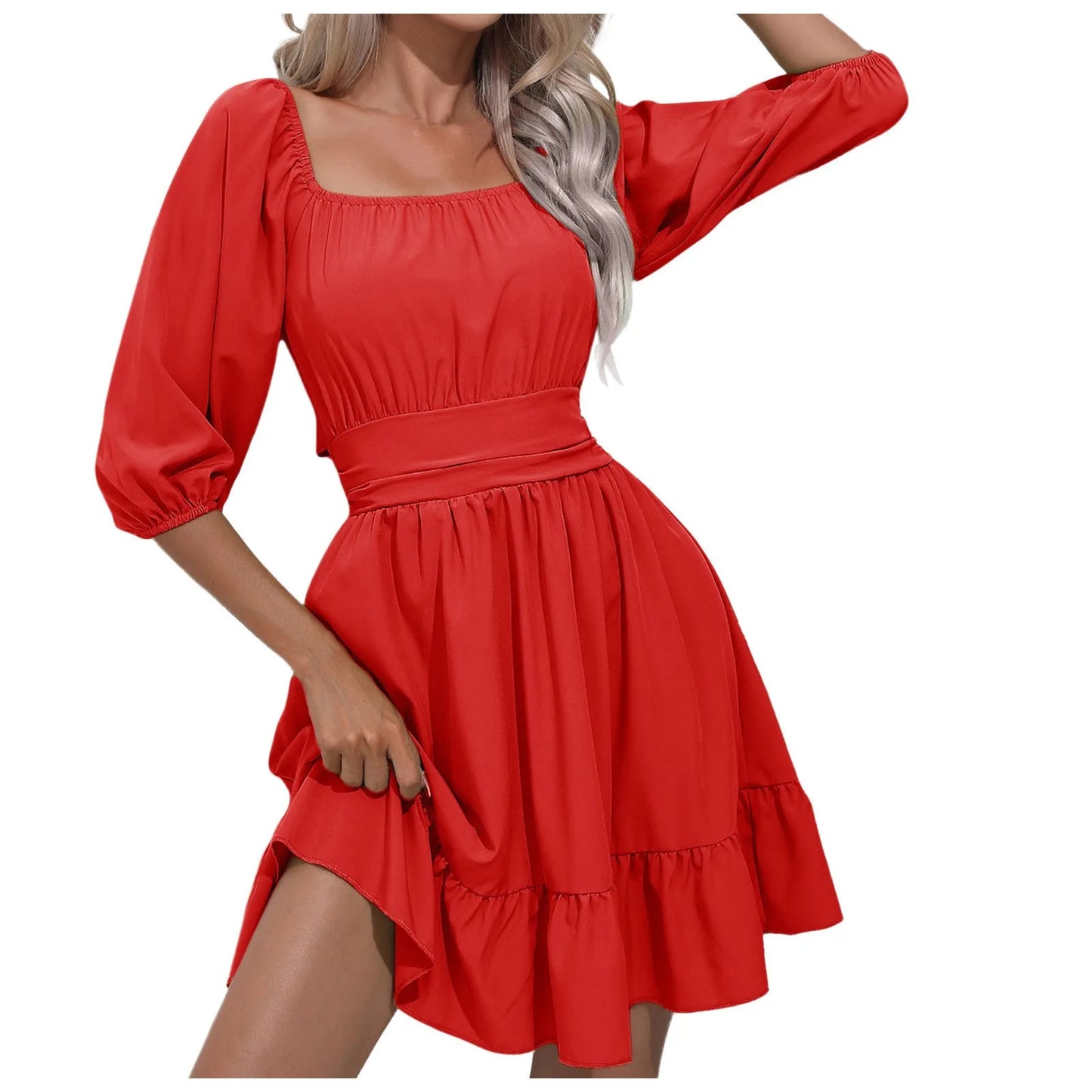 Slim Waist Mini Dress Square Collar Puff Half Sleeve Short Dress