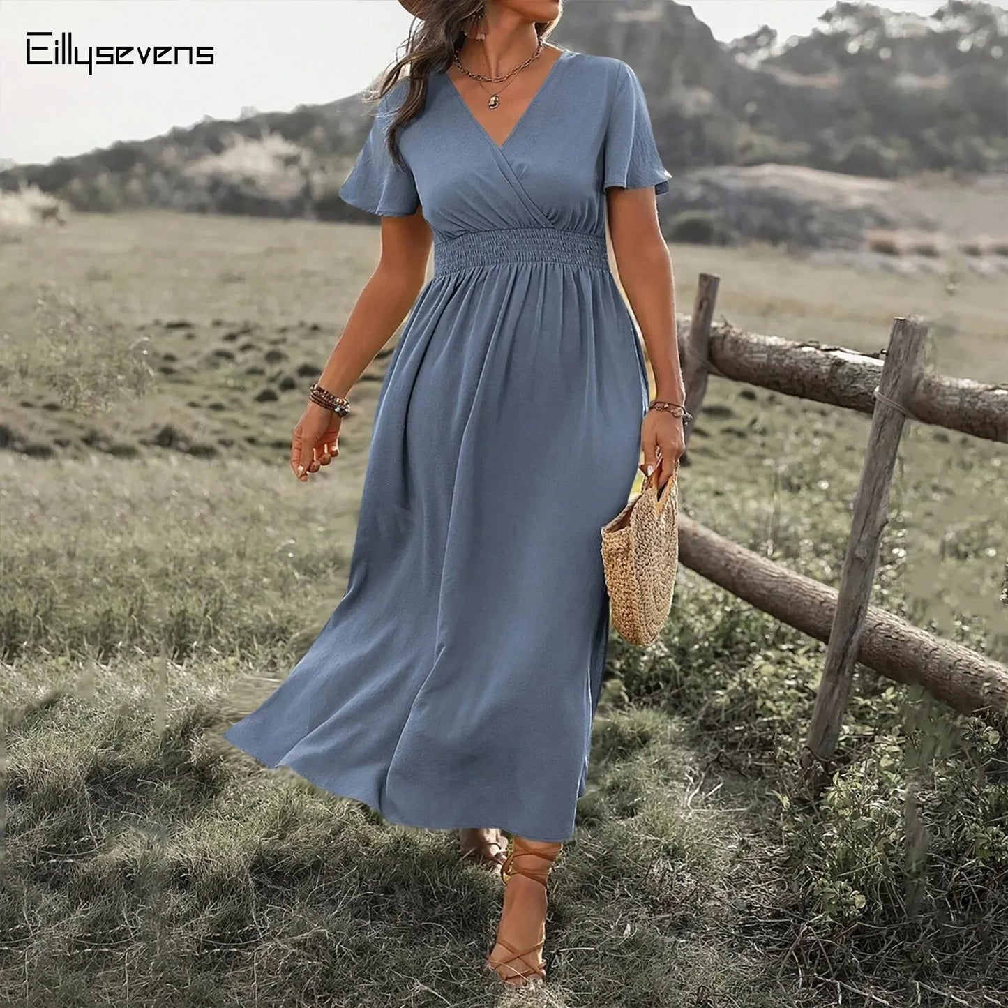 Summer Dress Fashion Waist Maxi Dress Sexy V Neck Side Slit