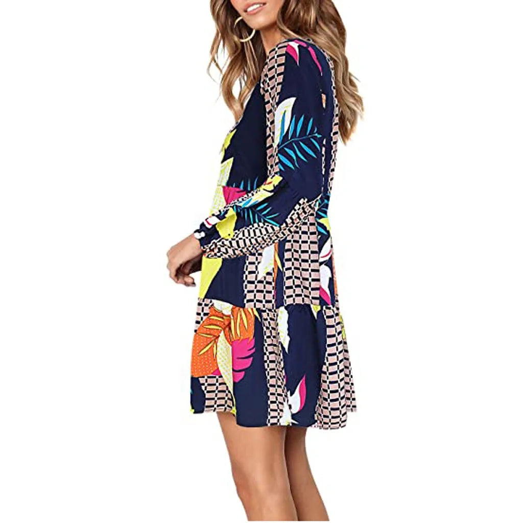 Leaf Loose Womens Maple Fashion Printed Sleeve Dress Long Swing  Summer Dress