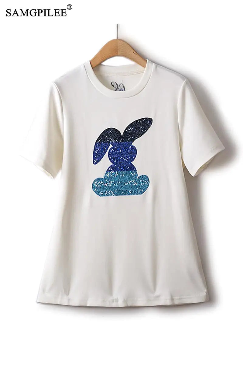 Heavy  Cotton Elastic Cartoon Figure Round Neck Short Sleeve Summer T Shirt For Women 4XL