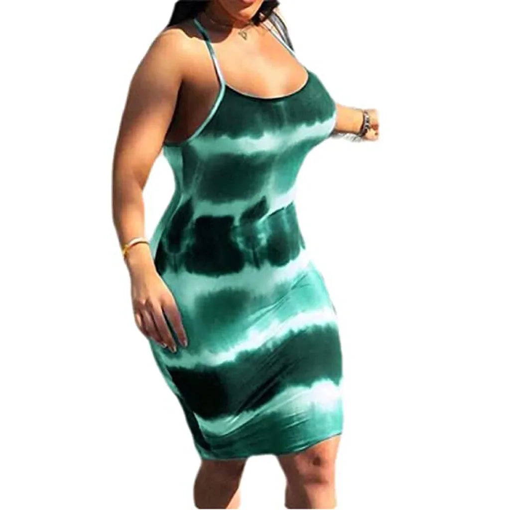 Womens Summer Spaghetti Strap Tie-Dye Bodycons Scoop Neck Sexy Dress(S-5XL)