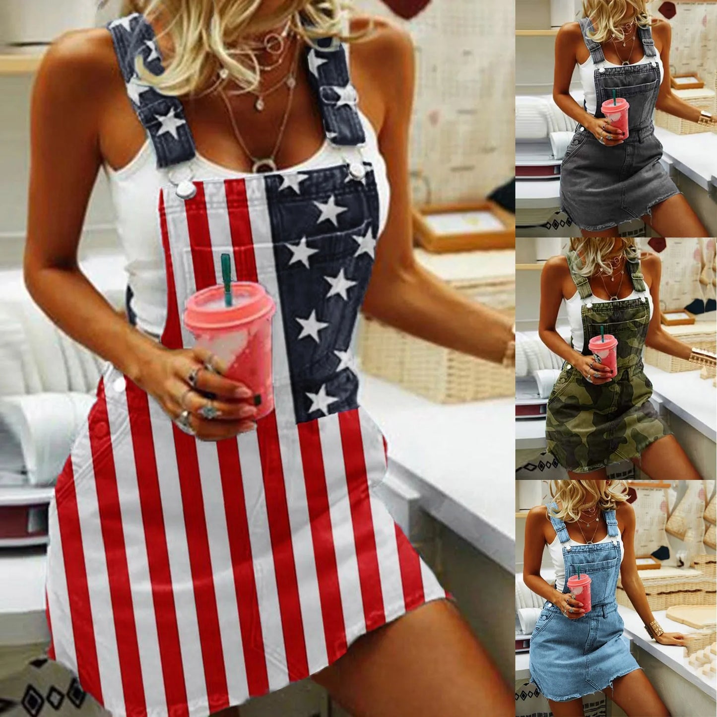 American Flag Denim Bib Overall Sundress