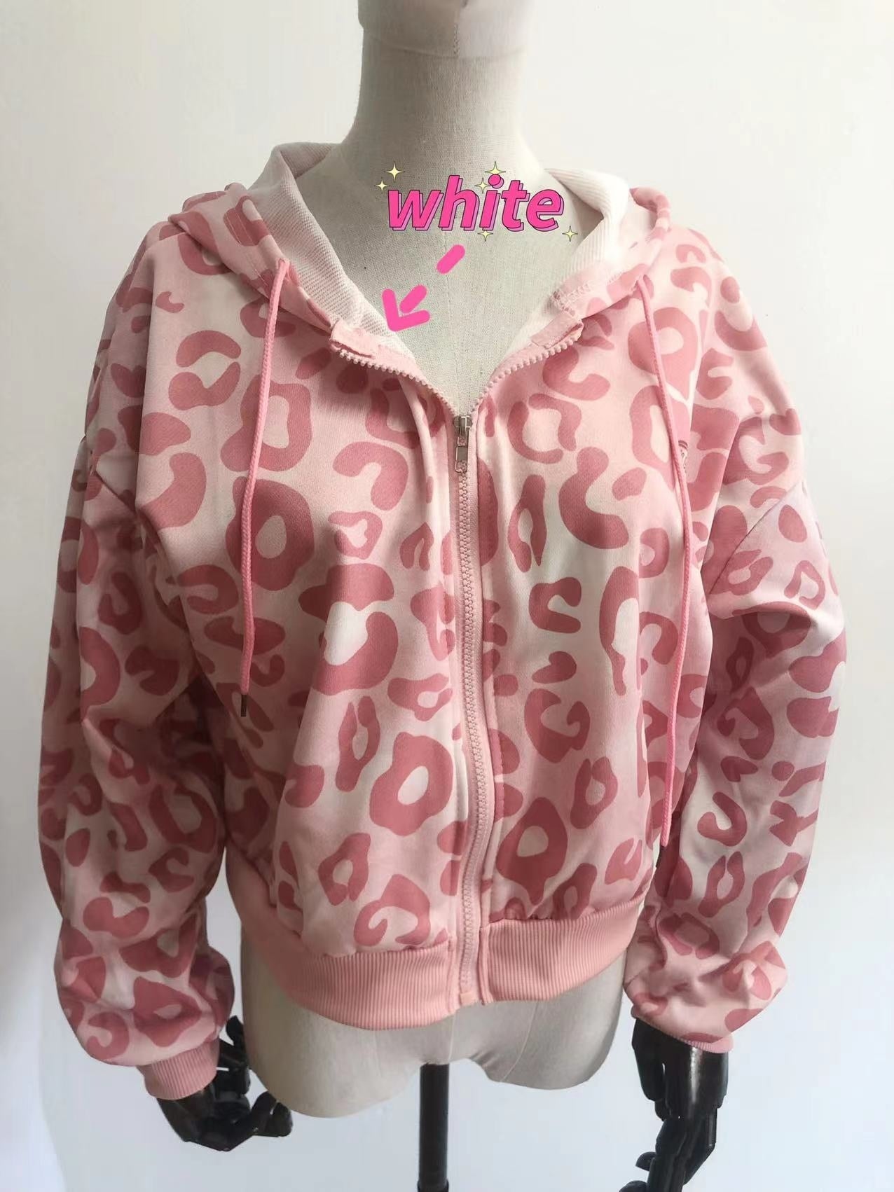 Preppy Style Pink Sweatshirts Leopard Print  Hoodies Zipper - peterkaczconnect