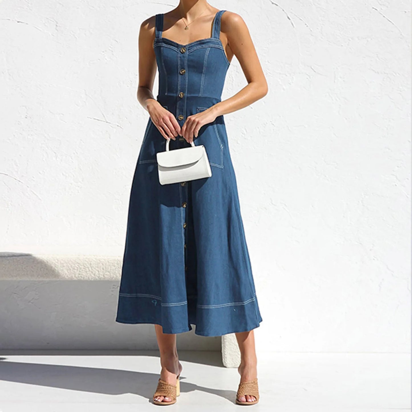 Long Denim Dress  Suspender Casual Button