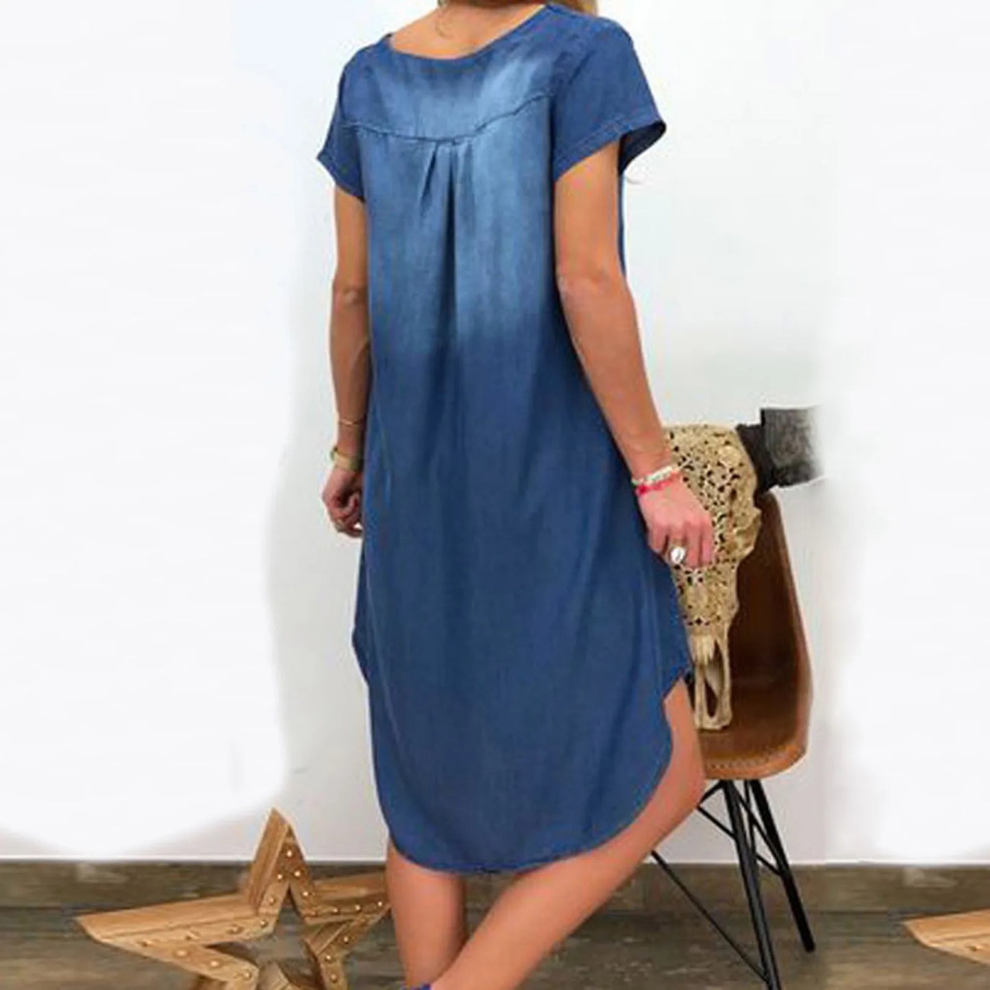 Women Knee-Length Denim Dress V Neck Short Sleeve  floral print