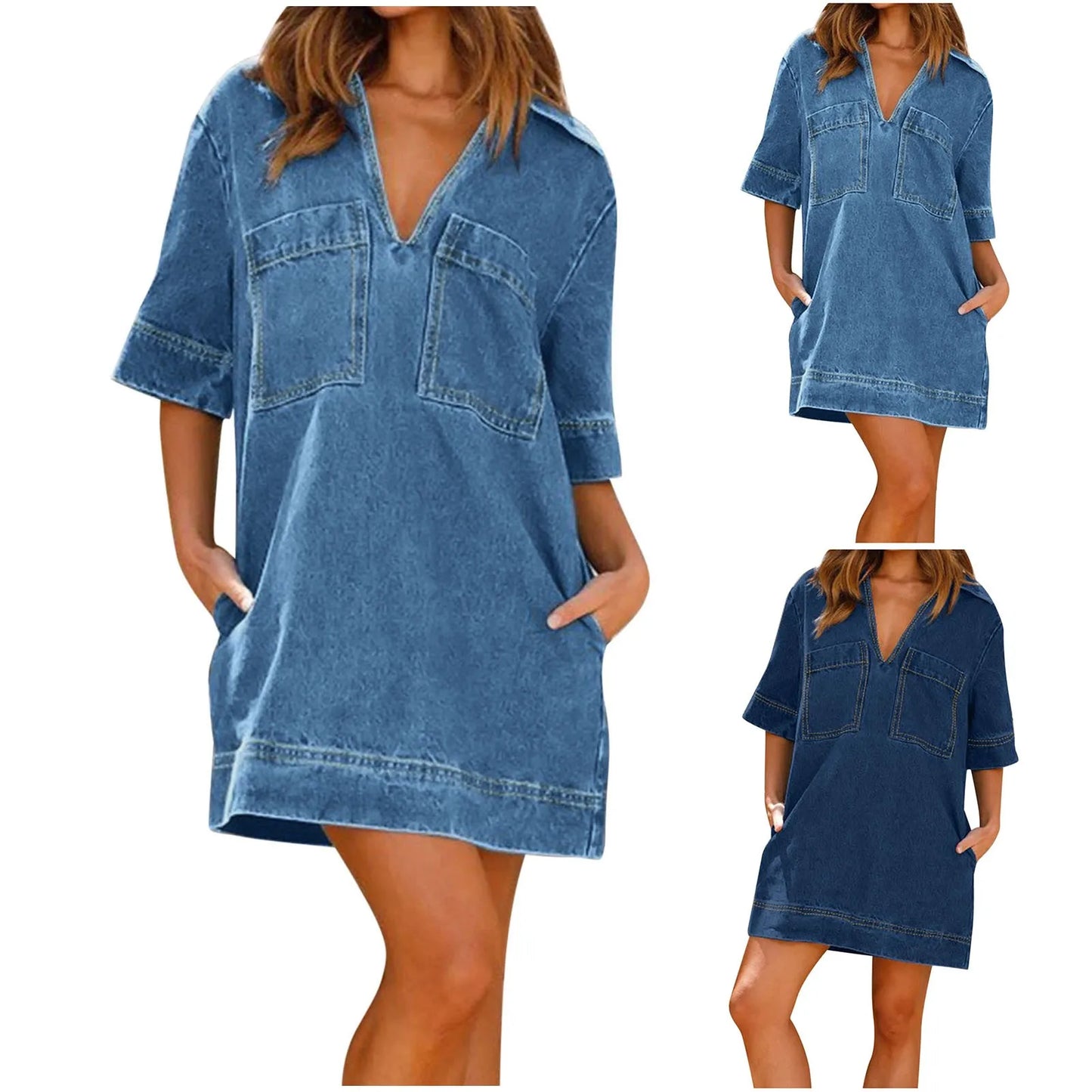 Women Denim Dress Baggy Distressed Retro V Neck Short Dress