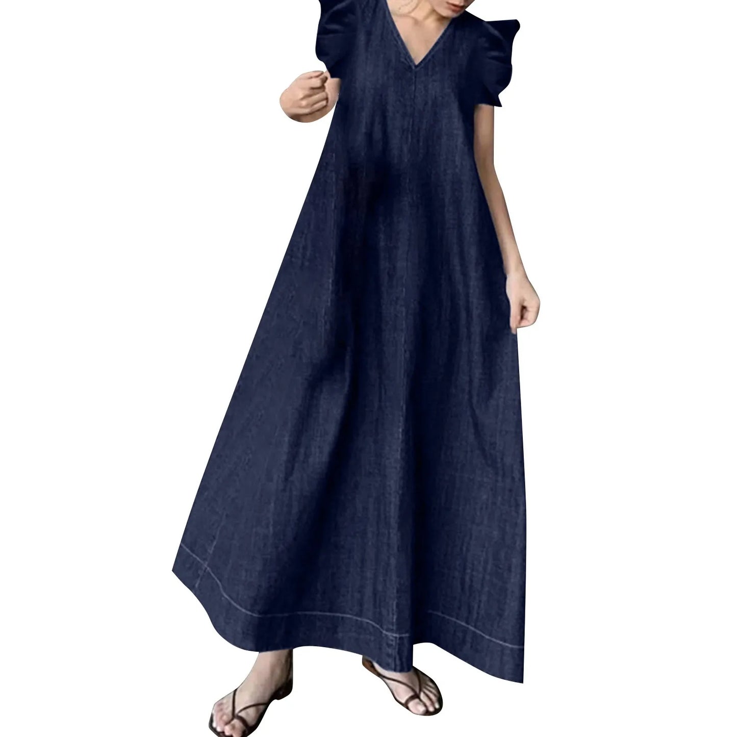 Women Loose Denim Dresses Ruffles Short Sleeve