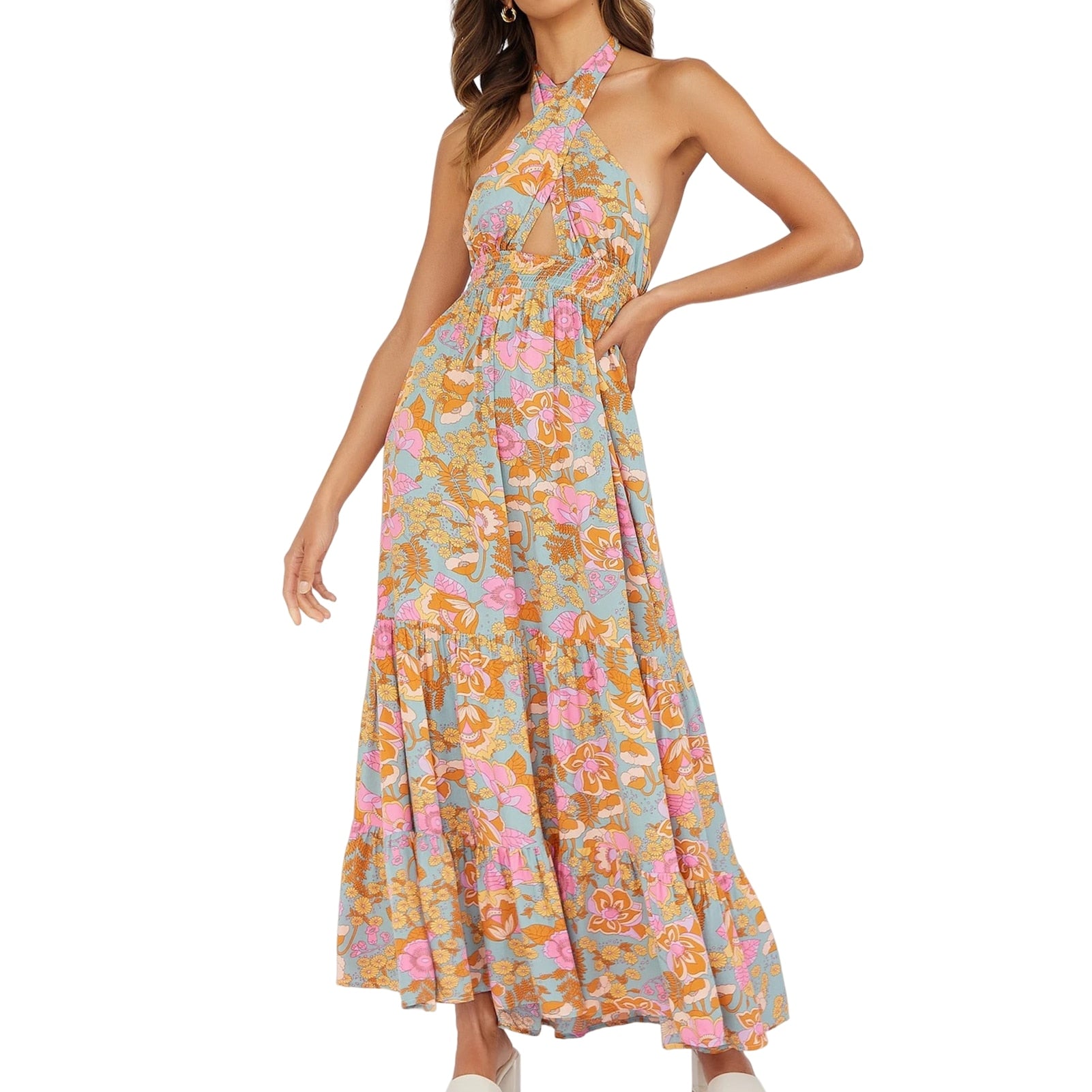 Floral Print Beach Dress Halter Neck Elegant Dress - peterkaczconnect