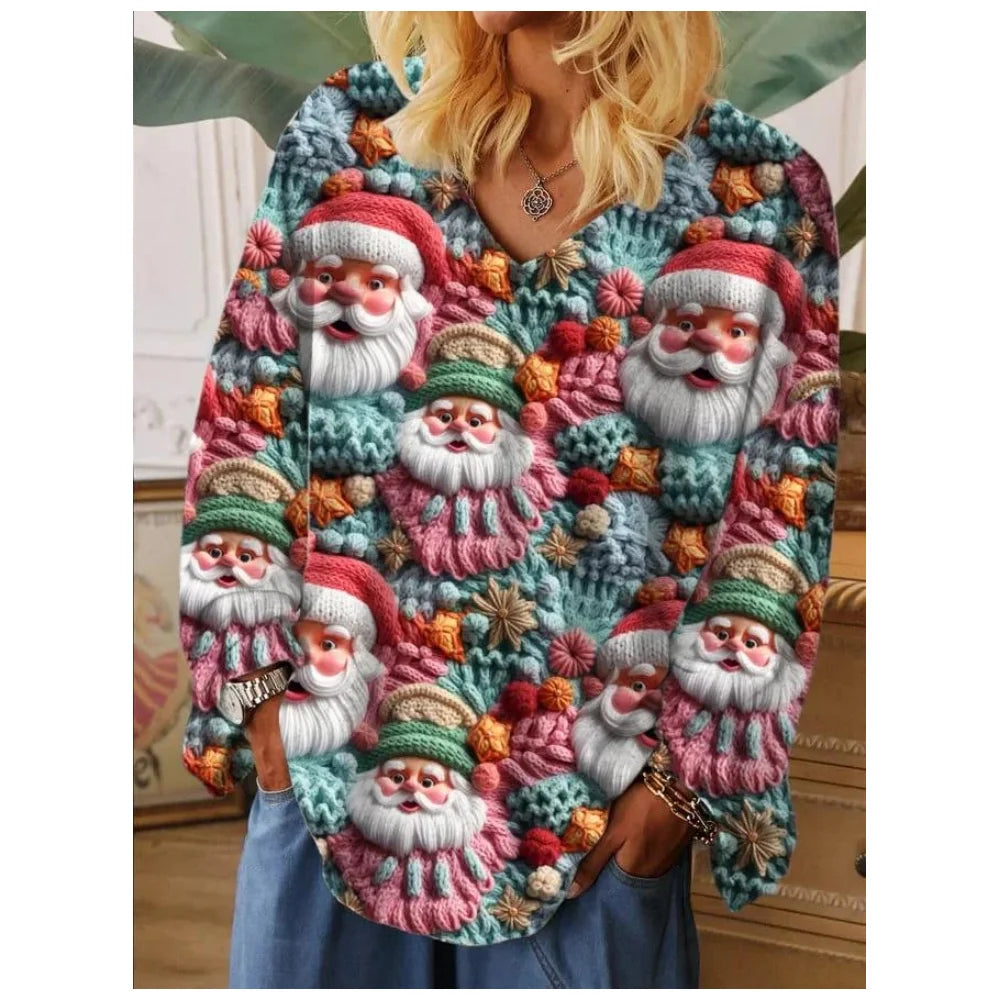 Christmas Women's T Shirt 3d Santa Pattern Print Long Sleeve