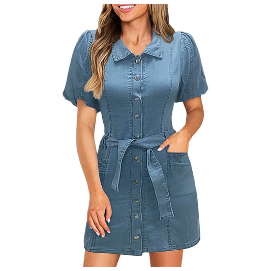 Denim Button Down Casual Belted Puff Short Sleeve Jean Dress