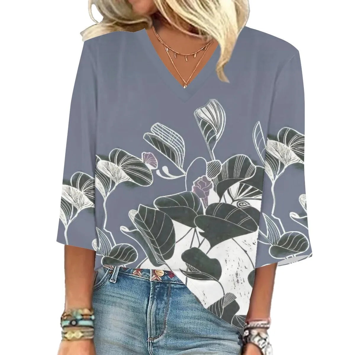 Women'S Blouse 3/4 Sleeve Cute Printed V-Neck Top