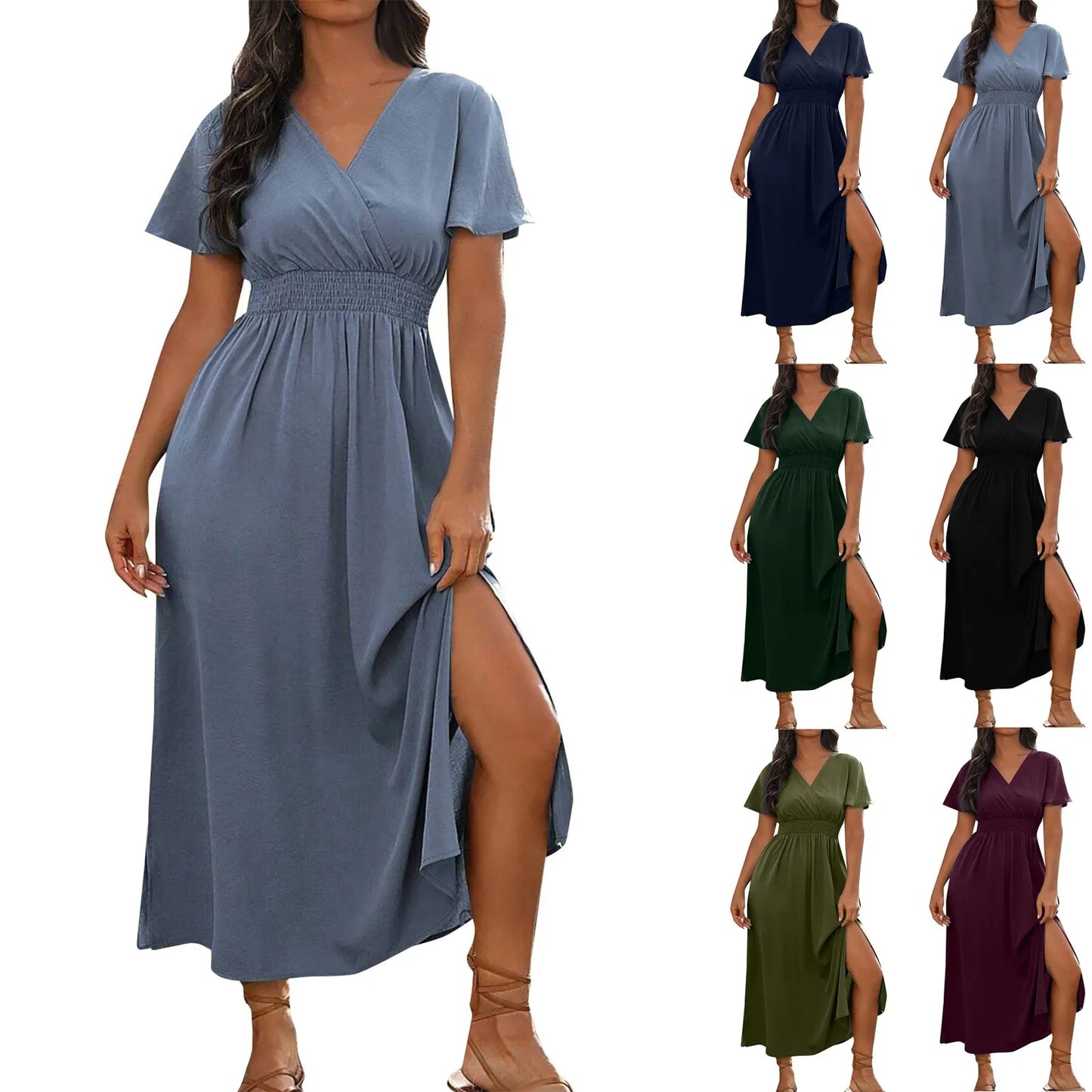 Summer Dress Fashion Waist Maxi Dress Sexy V Neck Side Slit