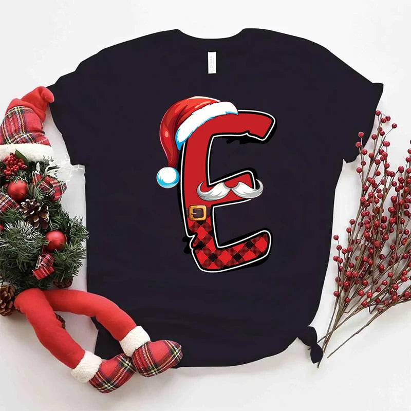 Women Christmas Alphabet Short Sleeve Tee