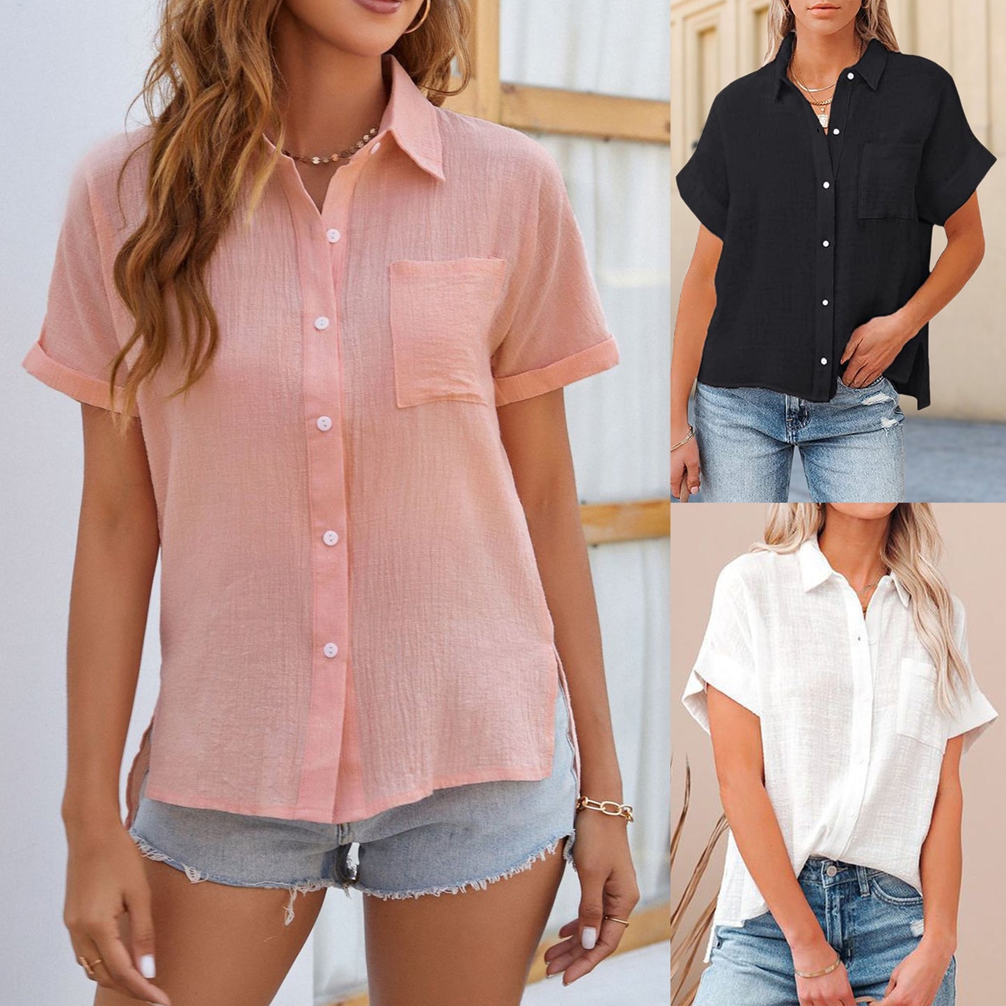 Pocket Solid Color Short Sleeve Blouses Button Down