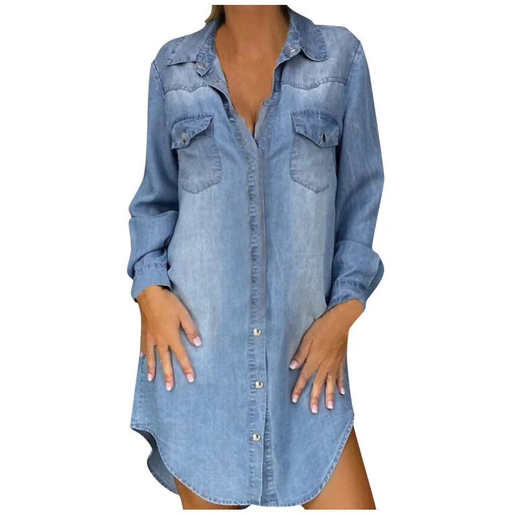 Loose Long Sleeve Jeans Dress Turndown Neck Short Denim Dress