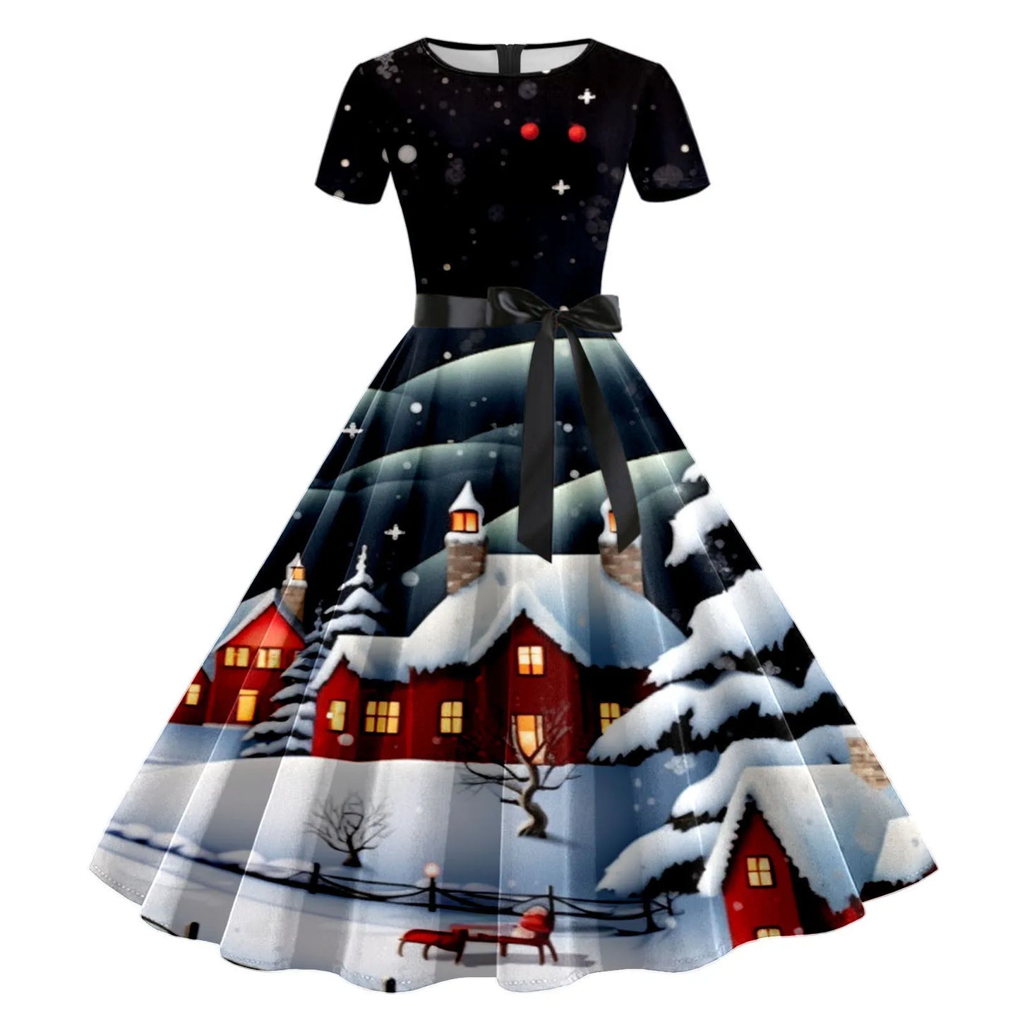 Red Christmas Dress Santa Claus Printed Cocktail Party Dress