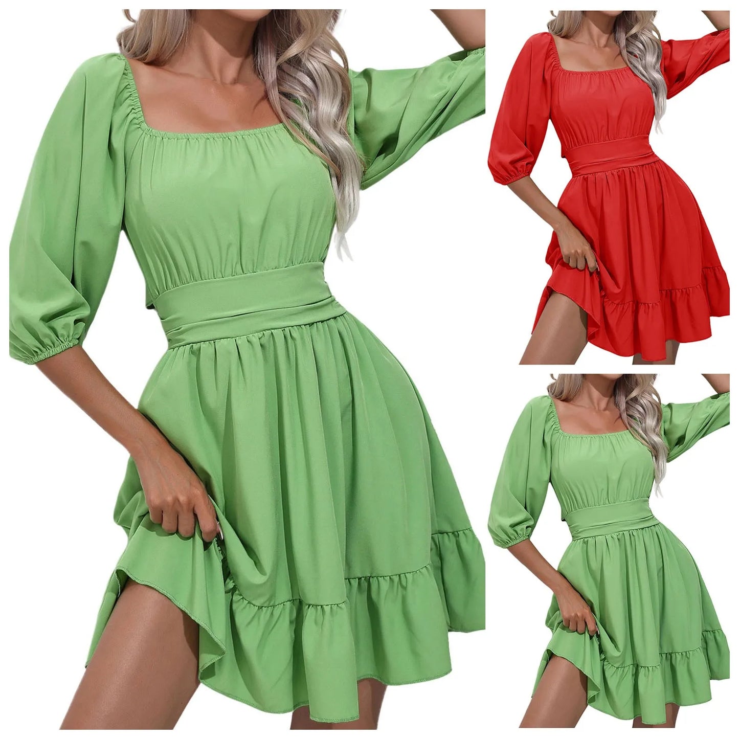 Slim Waist Mini Dress Square Collar Puff Half Sleeve Short Dress