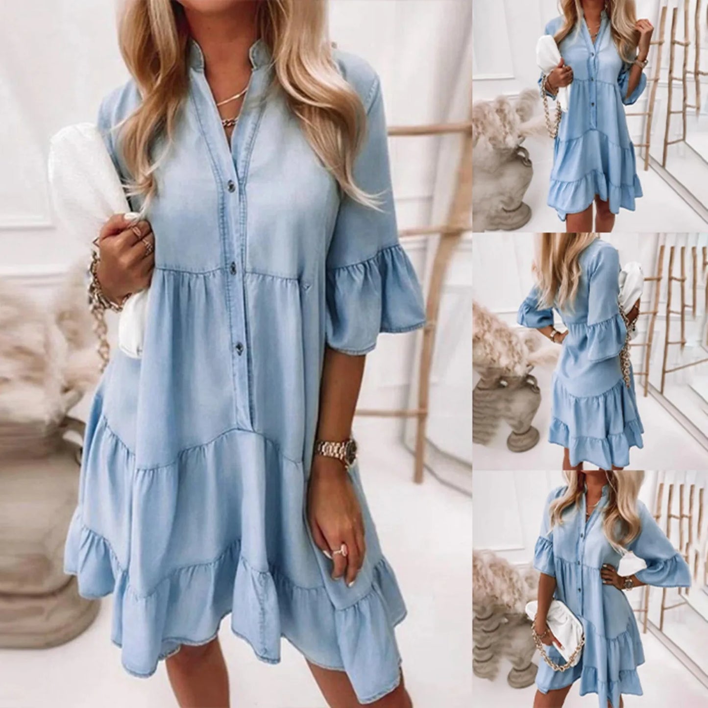 Cotton Denim Women Dresses Solid Color Mid Sleeves