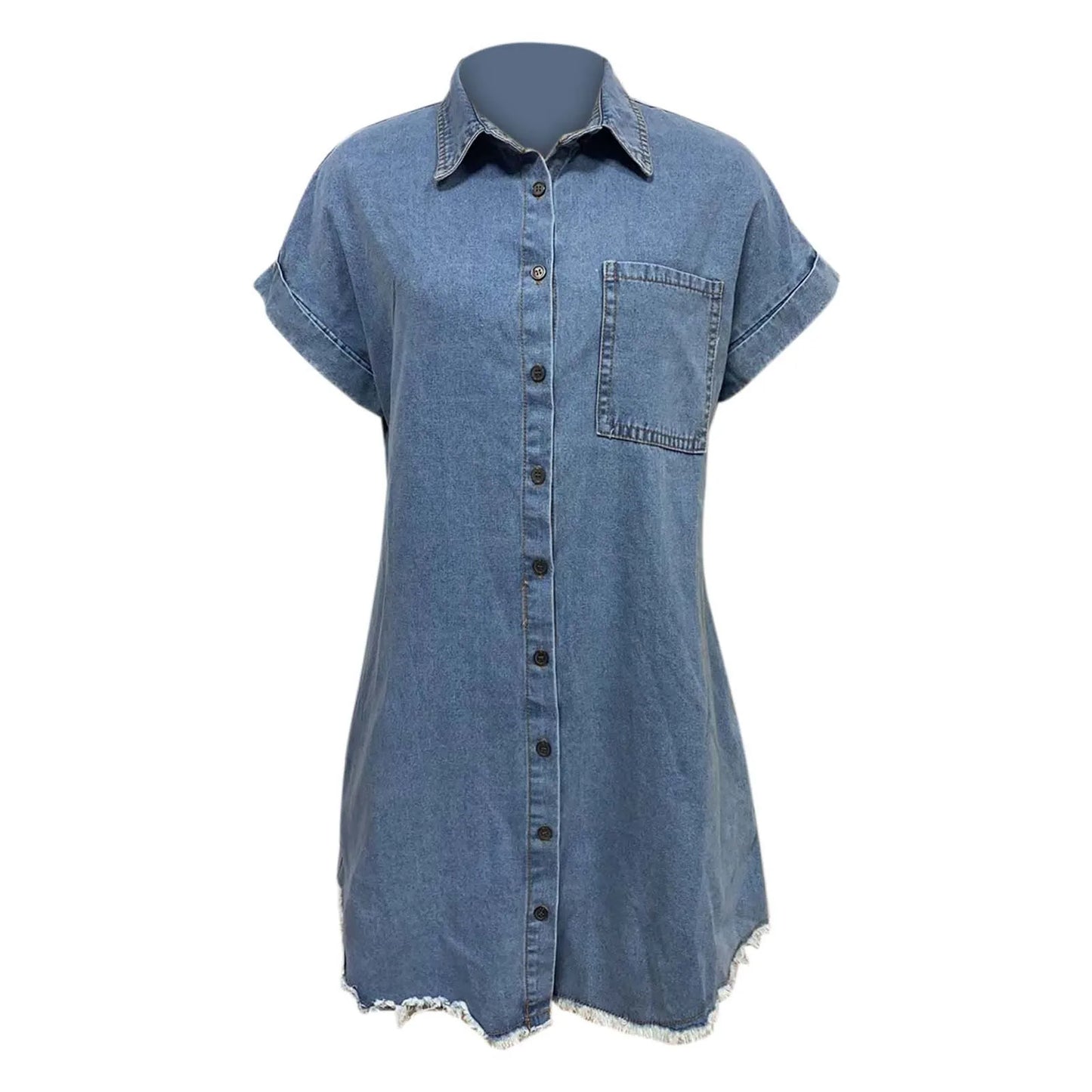 Denim Shirt Dress Casual Loose Fit Short Sleeve Cardigan Button Down Jean Dress