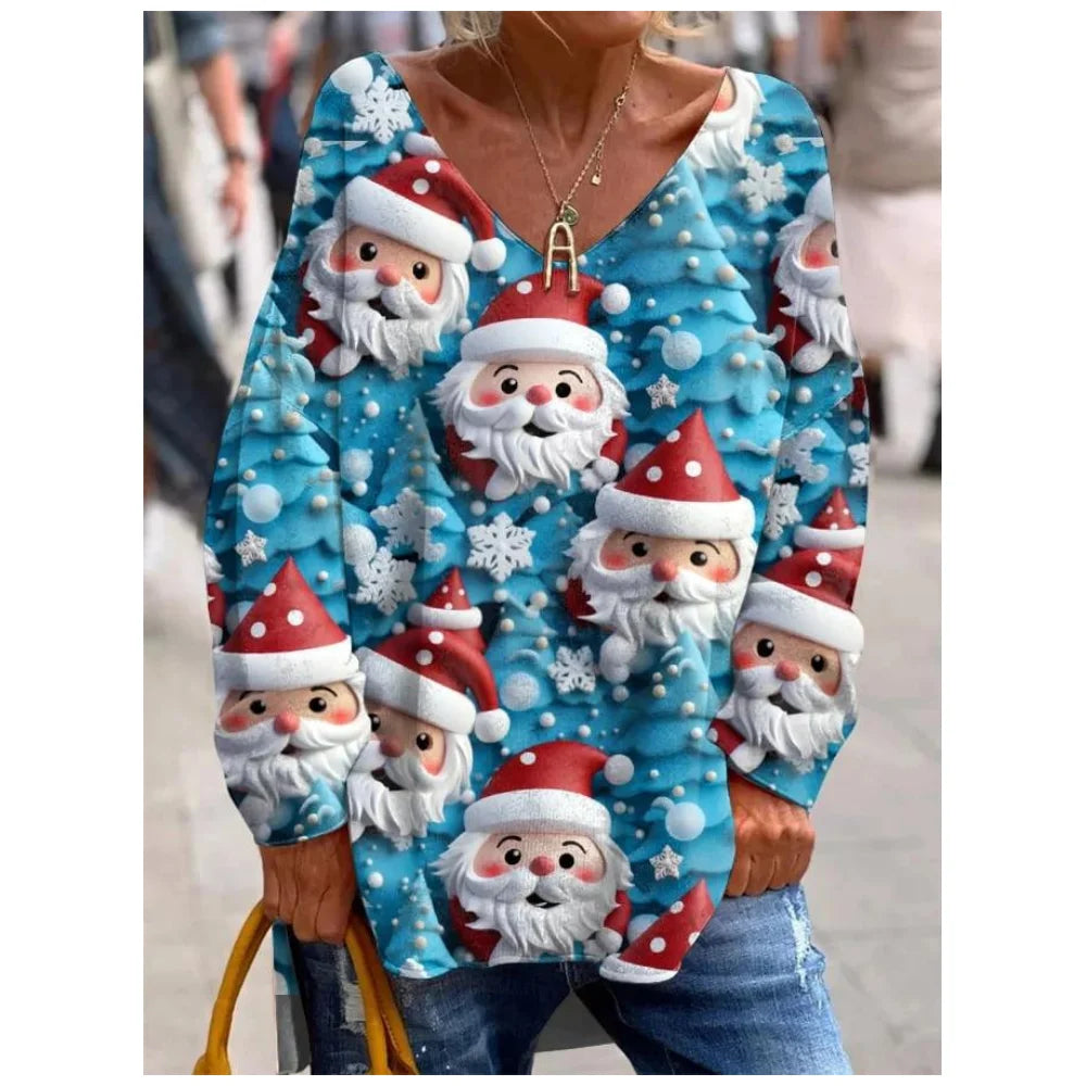 Christmas Women's T Shirt 3d Santa Pattern Print Long Sleeve